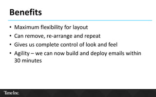 Benefits
• Maximum flexibility for layout
• Can remove, re-arrange and repeat
• Gives us complete control of look and feel
• Agility – we can now build and deploy emails within
30 minutes
 
