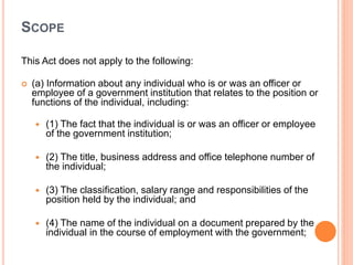 SCOPE
This Act does not apply to the following:
 (a) Information about any individual who is or was an officer or
employee of a government institution that relates to the position or
functions of the individual, including:
 (1) The fact that the individual is or was an officer or employee
of the government institution;
 (2) The title, business address and office telephone number of
the individual;
 (3) The classification, salary range and responsibilities of the
position held by the individual; and
 (4) The name of the individual on a document prepared by the
individual in the course of employment with the government;
 
