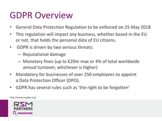 • General	Data	Protection	Regulation	to	be	enforced	on	25	May	2018	
• This	regulation	will	impact	any	business,	whether	based	in	the	EU	
or	not,	that	holds	the	personal data of	EU	citizens.
• GDPR	is	driven	by	two	serious	threats:	
– Reputational	damage	
– Monetary	fines (up	to	€20m	max	or	4%	of	total	worldwide	
annual	turnover,	whichever	is	higher)
• Mandatory	for	businesses	of	over	250	employees	to	appoint	
a Data Protection Officer	(DPO).
• GDPR	has	several	rules	such	as	‘the	right	to	be	forgotten’
GDPR	Overview
http://www.eugdpr.org/
 