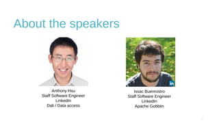 About the speakers
Issac Buenrostro
Staff Software Engineer
LinkedIn
Apache Gobblin
Anthony Hsu
Staff Software Engineer
LinkedIn
Dali / Data access
 