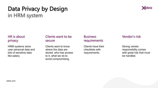xebia.com
HRM systems store
user personal data and
lots of sensitive data
like salary.
Clients want to know
where the data are
stored, who has access
to it, what we do to
avoid compromising.
Clients have their
checklists with
requirements.
Strong vendor
responsibility comes
with great risk that must
be handled.
HR is about
privacy
Clients want to be
secure
Business
requirements
Vendor’s risk
Data Privacy by Design
in HRM system
 