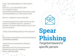 Spear
Phishing
Targeted toward a
specific person.
From: "john.doe@ulberta.ca" (link sends e-
mail)
Sent: Sat, 2 Jan 2016 09:58:07 GMT
To: <recipient's name
removed>@ce.berkeley.edu (link sends e-mail)
<john.doe@ulberta.ca> (link sends e-mail)
Dear Dr. <recipient's name removed>;
I recently read your last article and it was very
useful in my field of research. I wonder, if
possible, to send me these articles to use in my
current research:
1-http://auth.berkeley.eduh.in/<link removed>
2-
http://www.sciencedirect.com/science/article/p
ii/S1644966515000825
Thanks for you Cooperation in Advance.
John Doe
Department of Civil and Environmental
Engineering University of Alberta
Phone: (XXX) XXX-XXXX
 