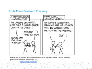 Brute Force Password Cracking
Actual actual reality: Nobody cares about his secrets. (Also, I would be hard
pressed to find that wrench for $5)
.https://xkcd.com/538/
 