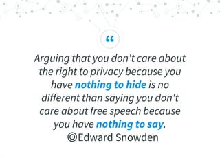 “
Arguing that you don't care about
the right to privacy because you
have nothing to hide is no
different than saying you don't
care about free speech because
you have nothing to say.
◎Edward Snowden
 