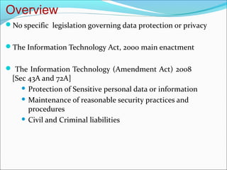 Overview
No specific legislation governing data protection or privacy


The Information Technology Act, 2000 main enactm...