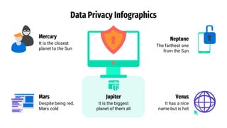 Data Privacy Infographics
Mercury
It is the closest
planet to the Sun
Mars
Despite being red,
Mars cold
Neptune
The farthest one
from the Sun
Jupiter
It is the biggest
planet of them all
Venus
It has a nice
name but is hot
 