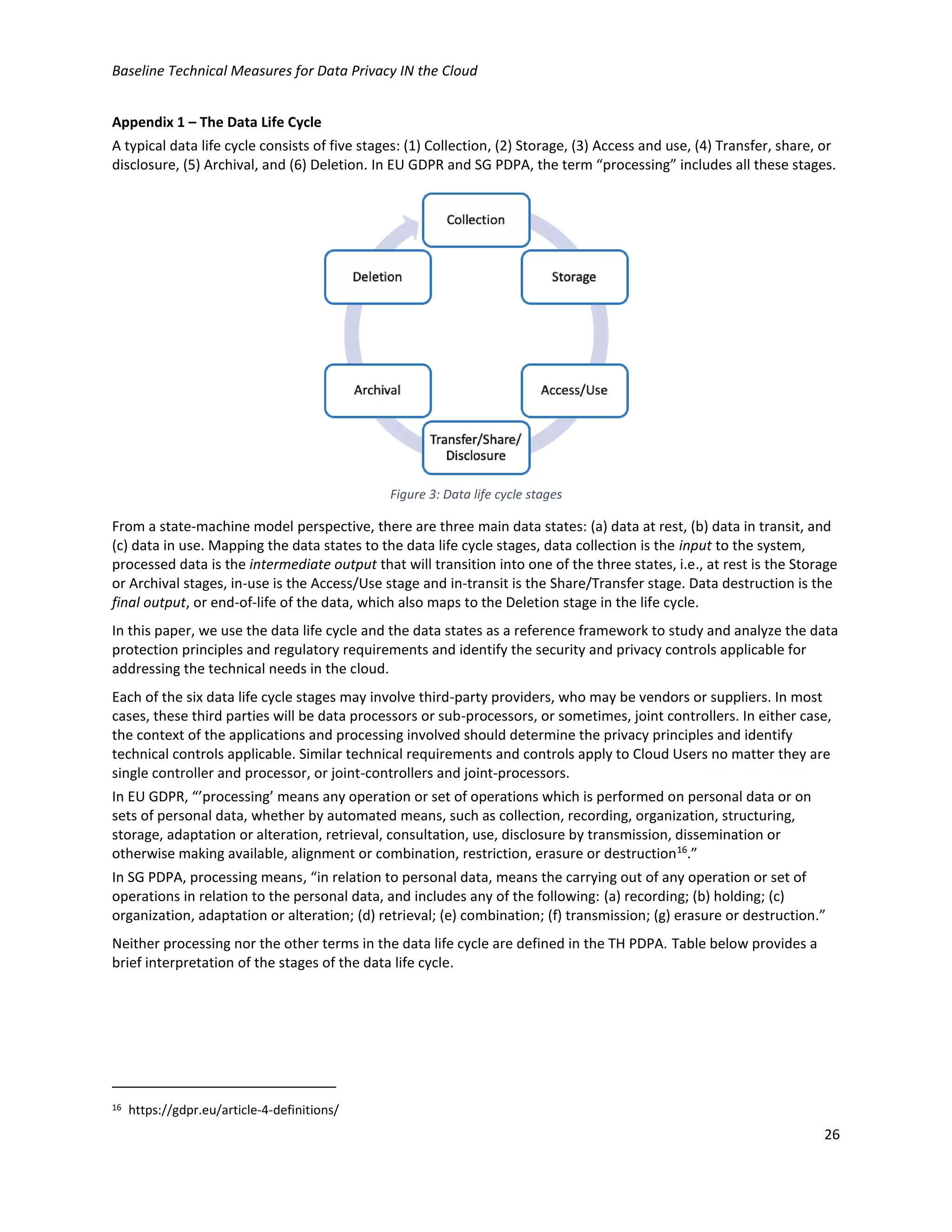 Baseline Technical Measures for Data Privacy IN the Cloud
26
Appendix 1 – The Data Life Cycle
A typical data life cycle consists of five stages: (1) Collection, (2) Storage, (3) Access and use, (4) Transfer, share, or
disclosure, (5) Archival, and (6) Deletion. In EU GDPR and SG PDPA, the term “processing” includes all these stages.
Figure 3: Data life cycle stages
From a state-machine model perspective, there are three main data states: (a) data at rest, (b) data in transit, and
(c) data in use. Mapping the data states to the data life cycle stages, data collection is the input to the system,
processed data is the intermediate output that will transition into one of the three states, i.e., at rest is the Storage
or Archival stages, in-use is the Access/Use stage and in-transit is the Share/Transfer stage. Data destruction is the
final output, or end-of-life of the data, which also maps to the Deletion stage in the life cycle.
In this paper, we use the data life cycle and the data states as a reference framework to study and analyze the data
protection principles and regulatory requirements and identify the security and privacy controls applicable for
addressing the technical needs in the cloud.
Each of the six data life cycle stages may involve third-party providers, who may be vendors or suppliers. In most
cases, these third parties will be data processors or sub-processors, or sometimes, joint controllers. In either case,
the context of the applications and processing involved should determine the privacy principles and identify
technical controls applicable. Similar technical requirements and controls apply to Cloud Users no matter they are
single controller and processor, or joint-controllers and joint-processors.
In EU GDPR, “’processing’ means any operation or set of operations which is performed on personal data or on
sets of personal data, whether by automated means, such as collection, recording, organization, structuring,
storage, adaptation or alteration, retrieval, consultation, use, disclosure by transmission, dissemination or
otherwise making available, alignment or combination, restriction, erasure or destruction16
.”
In SG PDPA, processing means, “in relation to personal data, means the carrying out of any operation or set of
operations in relation to the personal data, and includes any of the following: (a) recording; (b) holding; (c)
organization, adaptation or alteration; (d) retrieval; (e) combination; (f) transmission; (g) erasure or destruction.”
Neither processing nor the other terms in the data life cycle are defined in the TH PDPA. Table below provides a
brief interpretation of the stages of the data life cycle.
16 https://gdpr.eu/article-4-definitions/
 