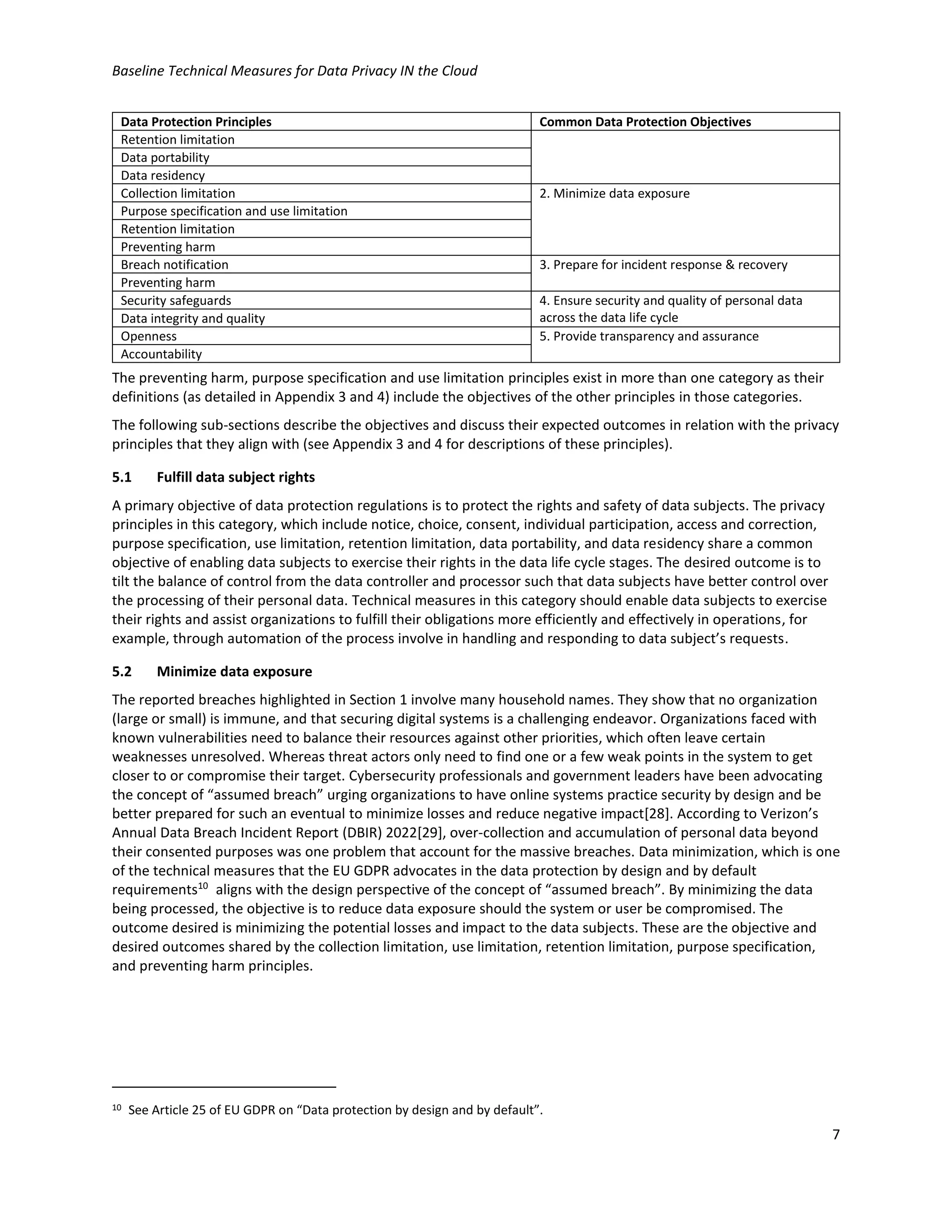 Baseline Technical Measures for Data Privacy IN the Cloud
7
Data Protection Principles Common Data Protection Objectives
Retention limitation
Data portability
Data residency
Collection limitation 2. Minimize data exposure
Purpose specification and use limitation
Retention limitation
Preventing harm
Breach notification 3. Prepare for incident response & recovery
Preventing harm
Security safeguards 4. Ensure security and quality of personal data
across the data life cycle
Data integrity and quality
Openness 5. Provide transparency and assurance
Accountability
The preventing harm, purpose specification and use limitation principles exist in more than one category as their
definitions (as detailed in Appendix 3 and 4) include the objectives of the other principles in those categories.
The following sub-sections describe the objectives and discuss their expected outcomes in relation with the privacy
principles that they align with (see Appendix 3 and 4 for descriptions of these principles).
5.1 Fulfill data subject rights
A primary objective of data protection regulations is to protect the rights and safety of data subjects. The privacy
principles in this category, which include notice, choice, consent, individual participation, access and correction,
purpose specification, use limitation, retention limitation, data portability, and data residency share a common
objective of enabling data subjects to exercise their rights in the data life cycle stages. The desired outcome is to
tilt the balance of control from the data controller and processor such that data subjects have better control over
the processing of their personal data. Technical measures in this category should enable data subjects to exercise
their rights and assist organizations to fulfill their obligations more efficiently and effectively in operations, for
example, through automation of the process involve in handling and responding to data subject’s requests.
5.2 Minimize data exposure
The reported breaches highlighted in Section 1 involve many household names. They show that no organization
(large or small) is immune, and that securing digital systems is a challenging endeavor. Organizations faced with
known vulnerabilities need to balance their resources against other priorities, which often leave certain
weaknesses unresolved. Whereas threat actors only need to find one or a few weak points in the system to get
closer to or compromise their target. Cybersecurity professionals and government leaders have been advocating
the concept of “assumed breach” urging organizations to have online systems practice security by design and be
better prepared for such an eventual to minimize losses and reduce negative impact[28]. According to Verizon’s
Annual Data Breach Incident Report (DBIR) 2022[29], over-collection and accumulation of personal data beyond
their consented purposes was one problem that account for the massive breaches. Data minimization, which is one
of the technical measures that the EU GDPR advocates in the data protection by design and by default
requirements10
aligns with the design perspective of the concept of “assumed breach”. By minimizing the data
being processed, the objective is to reduce data exposure should the system or user be compromised. The
outcome desired is minimizing the potential losses and impact to the data subjects. These are the objective and
desired outcomes shared by the collection limitation, use limitation, retention limitation, purpose specification,
and preventing harm principles.
10 See Article 25 of EU GDPR on “Data protection by design and by default”.
 