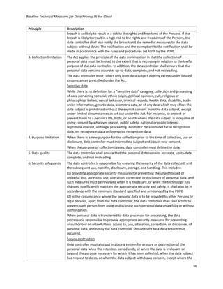 Baseline Technical Measures for Data Privacy IN the Cloud
36
Principle Description
breach is unlikely to result in a risk to the rights and freedoms of the Persons. If the
breach is likely to result in a high risk to the rights and freedoms of the Persons, the
data controller shall also notify the breach and the remedial measures to the data
subject without delay. The notification and the exemption to the notification shall be
made in accordance with the rules and procedures set forth by the PDPC.
3. Collection limitation The Act applies the principle of the data minimization in that the collection of
personal data must be limited to the extent that is necessary in relation to the lawful
purpose of the data controller. In addition, the data controller shall ensure that the
personal data remains accurate, up-to-date, complete, and not misleading.
The data controller must collect only from data subject directly except under limited
circumstances prescribed under the Act.
Sensitive data
While there is no definition for a “sensitive data” category, collection and processing
of data pertaining to racial, ethnic origin, political opinions, cult, religious or
philosophical beliefs, sexual behavior, criminal records, health data, disability, trade
union information, genetic data, biometric data, or of any data which may affect the
data subject is prohibited without the explicit consent from the data subject, except
under limited circumstances as set out under the Act. For instance, to protect or
prevent harm to a person’s life, body, or health where the data subject is incapable of
giving consent by whatever reason, public safety, national or public interest,
legitimate interest, and legal proceeding. Biometric data includes facial recognition
data, iris recognition data or fingerprint recognition data.
4. Purpose limitation When there is a new purpose for the collection prior to the time of collection, use or
disclosure, data controller must inform data subject and obtain new consent.
When the purpose of collection ceases, data controller must delete the data.
5. Data quality The data controller shall ensure that the personal data remains accurate, up-to-date,
complete, and not misleading.
6. Security safeguards The data controller is responsible for ensuring the security of the data collected, and
the subsequent use, transfer, disclosure, storage, and handling. This includes:
(1) providing appropriate security measures for preventing the unauthorized or
unlawful loss, access to, use, alteration, correction or disclosure of personal data, and
such measures must be reviewed when it is necessary, or when the technology has
changed to efficiently maintain the appropriate security and safety. It shall also be in
accordance with the minimum standard specified and announced by the PDPC
(2) in the circumstance where the personal data is to be provided to other Persons or
legal persons, apart from the data controller, the data controller shall take action to
prevent such person from using or disclosing such personal data unlawfully or without
authorization.
When personal data is transferred to data processor for processing, the data
processor is responsible to provide appropriate security measures for preventing
unauthorized or unlawful loss, access to, use, alteration, correction, or disclosure, of
personal data, and notify the data controller should there be a data breach that
occurred.
Secure destruction
Data controller must also put in place a system for erasure or destruction of the
personal data when the retention period ends, or when the data is irrelevant or
beyond the purpose necessary for which it has been collected, when the data subject
has request to do so, or when the data subject withdraws consent, except where the
 