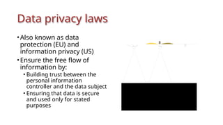 Data privacy laws
•Also known as data
protection (EU) and
information privacy (US)
•Ensure the free flow of
information by:
• Building trust between the
personal information
controller and the data subject
• Ensuring that data is secure
and used only for stated
purposes
 