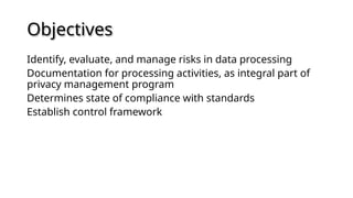 Objectives
Identify, evaluate, and manage risks in data processing
Documentation for processing activities, as integral part of
privacy management program
Determines state of compliance with standards
Establish control framework
 