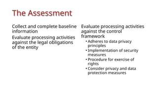 The Assessment
Collect and complete baseline
information
Evaluate processing activities
against the legal obligations
of the entity
Evaluate processing activities
against the control
framework
• Adheres to data privacy
principles
• Implementation of security
measures
• Procedure for exercise of
rights
• Consider privacy and data
protection measures
 