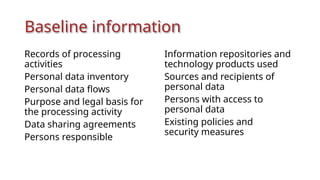 Baseline information
Records of processing
activities
Personal data inventory
Personal data flows
Purpose and legal basis for
the processing activity
Data sharing agreements
Persons responsible
Information repositories and
technology products used
Sources and recipients of
personal data
Persons with access to
personal data
Existing policies and
security measures
 