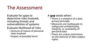 The Assessment
Evaluate for gaps to
determine risks involved,
including threats and
vulnerabilities of systems
Evaluate likelihood of risks
• Amount of nature of personal
data involved
• Impact of possible harm
A gap exists when:
• There is a violation of a data
privacy principle
• Measures are inadequate to
safeguard confidentiality,
integrity, or availability of
personal data
• There are undue restrictions
on the exercise of data subject
rights
 