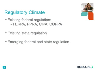 • Existing federal regulation:
- FERPA, PPRA, CIPA, COPPA
• Existing state regulation
• Emerging federal and state regulation
10
Regulatory Climate
 