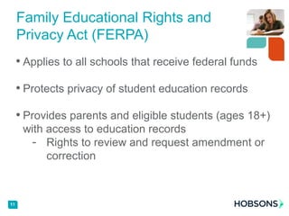 • Applies to all schools that receive federal funds
• Protects privacy of student education records
• Provides parents and eligible students (ages 18+)
with access to education records
- Rights to review and request amendment or
correction
11
Family Educational Rights and
Privacy Act (FERPA)
 