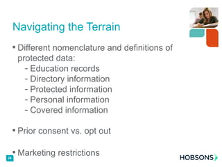 • Different nomenclature and definitions of
protected data:
- Education records
- Directory information
- Protected information
- Personal information
- Covered information
• Prior consent vs. opt out
• Marketing restrictions
Navigating the Terrain
24
 