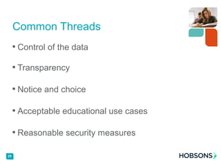 • Control of the data
• Transparency
• Notice and choice
• Acceptable educational use cases
• Reasonable security measures
Common Threads
25
 