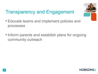 • Educate teams and implement policies and
processes
• Inform parents and establish plans for ongoing
community outreach
34
Transparency and Engagement
 
