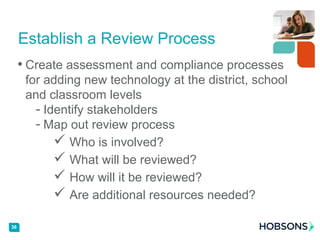 • Create assessment and compliance processes
for adding new technology at the district, school
and classroom levels
- Identify stakeholders
- Map out review process
 Who is involved?
 What will be reviewed?
 How will it be reviewed?
 Are additional resources needed?
36
Establish a Review Process
 