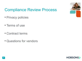 • Privacy policies
• Terms of use
• Contract terms
• Questions for vendors
37
Compliance Review Process
 