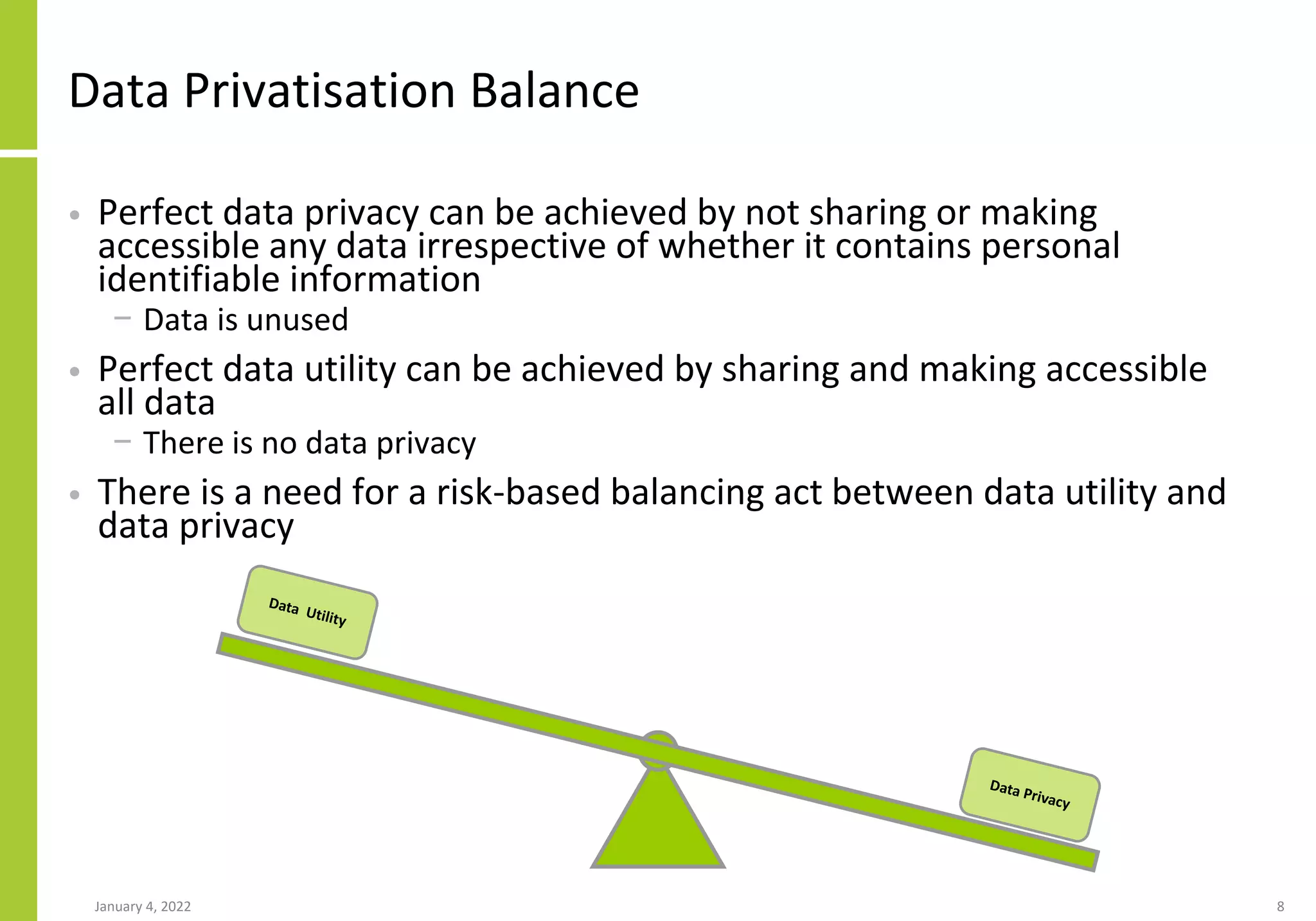 Data Privatisation Balance
• Perfect data privacy can be achieved by not sharing or making
accessible any data irrespective of whether it contains personal
identifiable information
− Data is unused
• Perfect data utility can be achieved by sharing and making accessible
all data
− There is no data privacy
• There is a need for a risk-based balancing act between data utility and
data privacy
January 4, 2022 8
 