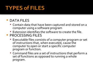 DATA FILES Contain data that have been captured and stored on a computer using a software program Extension identifies the software to create the file. PROCESSING FILES Executable files consists of a computer program or set of instructions that, when executed, cause the computer to open or start a specific computer program or function. Command files are a set of instructions that perform a set of functions as opposed to running a whole program. 