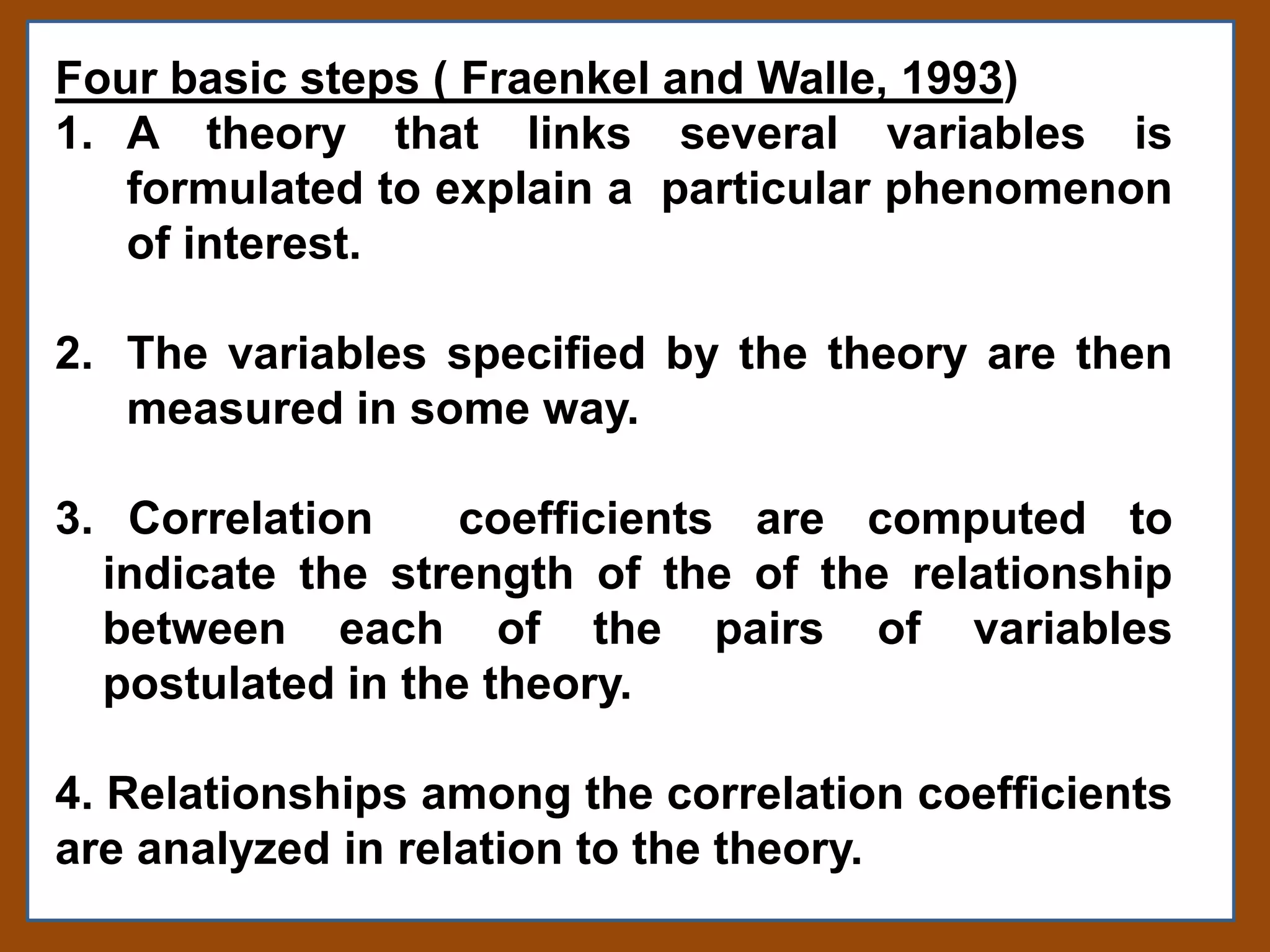 Four basic steps ( Fraenkel and Walle, 1993)
1. A theory that links several variables is
formulated to explain a particular phenomenon
of interest.
2. The variables specified by the theory are then
measured in some way.
3. Correlation coefficients are computed to
indicate the strength of the of the relationship
between each of the pairs of variables
postulated in the theory.
4. Relationships among the correlation coefficients
are analyzed in relation to the theory.
 