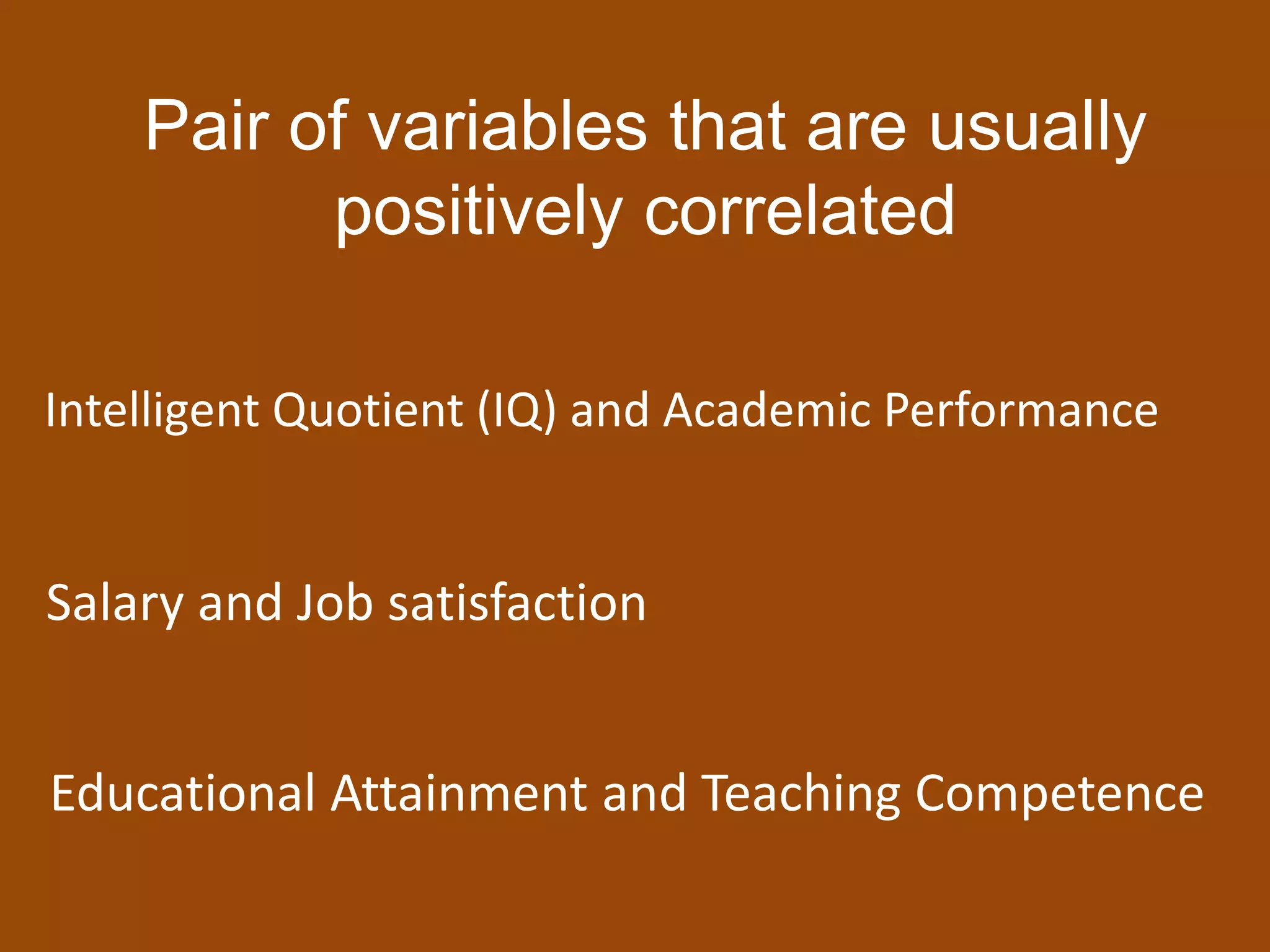 Pair of variables that are usually
positively correlated
Intelligent Quotient (IQ) and Academic Performance
Salary and Job satisfaction
Educational Attainment and Teaching Competence
 
