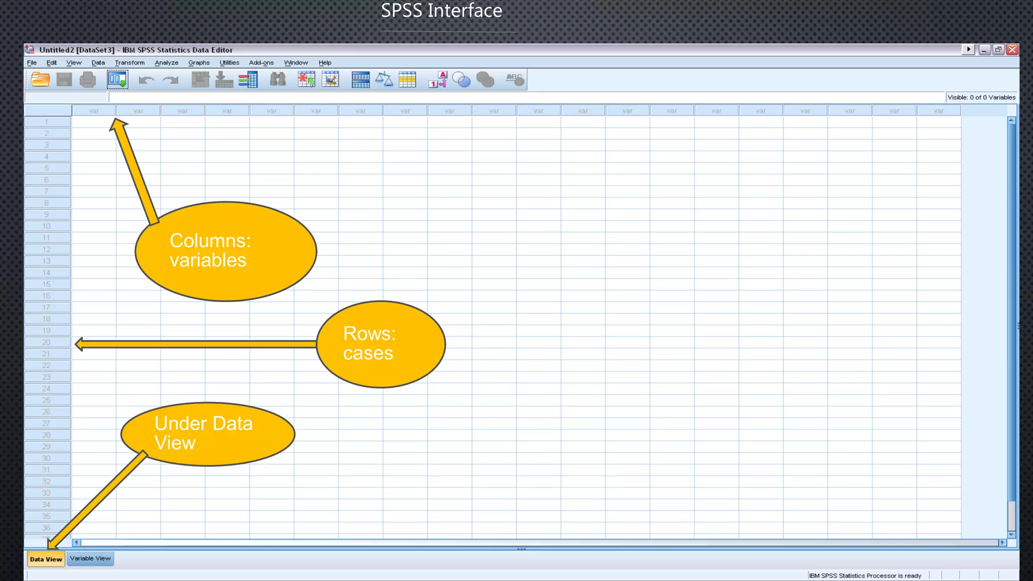 SPSS Interface
Columns:
variables
Rows:
cases
Under Data
View
 