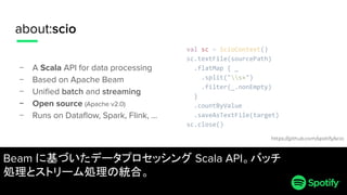 − A Scala API for data processing
− Based on Apache Beam
− Uniﬁed batch and streaming
− Open source (Apache v2.0)
− Runs o...
