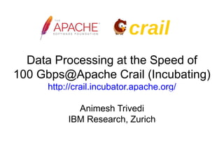 Data Processing at the Speed of
100 Gbps@Apache Crail (Incubating)
http://crail.incubator.apache.org/
Animesh Trivedi
IBM Research, Zurich
 