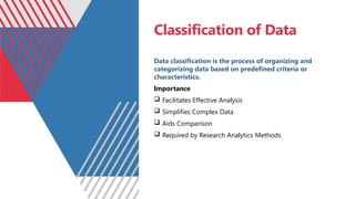 Classification of Data
Data classification is the process of organizing and
categorizing data based on predefined criteria or
characteristics.
Importance
 Facilitates Effective Analysis
 Simplifies Complex Data
 Aids Comparison
 Required by Research Analytics Methods
 