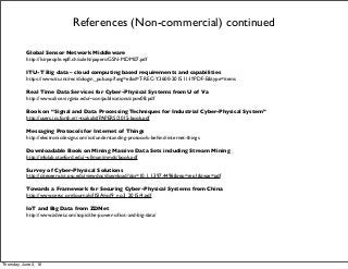 References (Non-commercial) continued
Global Sensor Network Middleware
http://lsirpeople.epﬂ.ch/salehi/papers/GSN-MDM07.pdf
ITU-T Big data – cloud computing based requirements and capabilities
https://www.itu.int/rec/dologin_pub.asp?lang=e&id=T-REC-Y.3600-201511-I!!PDF-E&type=items
Real Time Data Services for Cyber-Physical Systems from U of Va
http://www.alice.virginia.edu/~son/publications/cpsw08.pdf
Book on “Signal and Data Processing Techniques for Industrial Cyber-Physical System”
http://users.ics.forth.gr/~tsakalid/PAPERS/2015-book.pdf
Messaging Protocols for Internet of Things
http://electronicdesign.com/iot/understanding-protocols-behind-internet-things
Downloadable Book on Mining Massive Data Sets including Stream Mining
http://infolab.stanford.edu/~ullman/mmds/book.pdf
Survey of Cyber-Physical Solutions
http://citeseerx.ist.psu.edu/viewdoc/download?doi=10.1.1.397.4496&rep=rep1&type=pdf
Towards a Framework for Securing Cyber-Physical Systems from China
http://www.sersc.org/journals/IJSIA/vol9_no3_2015/4.pdf
IoT and Big Data from ZDNet
http://www.zdnet.com/topic/the-power-of-iot-and-big-data/
Thursday, June 2, 16
 
