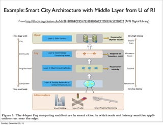 Drawbacks of Fog Computing from Cisco
From http://www.dataversity.net/the-future-of-cloud-computing-fog-computing-and-the-internet-of-things/
Drawbacks
• Physical locality: There are some who would argue that the whole point of utilizing the
Cloud is to access data and resources from anywhere, regardless of physical location.
Although Fog Computing merely functions as a more selective way of ascertaining which
data becomes centralized and which stays local, some perceive that the limitations of the
latter are disadvantageous in terms of access.
• Security: Security has long been regarded as the Achilles heel of the Cloud, but with a
number of developments in this space within the past several years, issues of security
really amount to a matter of trust. Certain organizations feel more comfortable having
their data in a centralized location rather in remote, disparate ones—although the former
option can exacerbate Data Governance when considered on a global scale.
• Confusion: There is also the perspective that facilitating Fog Computing merely adds to
the number of Cloud options (public, private, hybrids, cloudlets, etc.) and is needlessly
complicating architecture that is already complex enough. Conceivably, such pundits
would harbor the same opinion about the IoT in general.
Thursday, June 2, 16
 