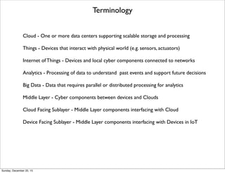 Outline of Presentation
1.Terminology
2. Data Processing Architectures Alternatives
- IoT to Cloud with no Fog
- IoT to Fog with no Cloud
- IoT to Fog to Cloud (3 layer)
3. Deﬁnitions of Different Data Processing Types
- Device Data Processing (e.g in IoT)
- Data Flow Processing (e.g. in Fog)
- Analytics Data Processing (e.g in Cloud)
- Multilayer Data Processing (e.g. in IoT, Fog, Cloud)
- Big Data + Cloud Computing based Requirements and Capabilities from ITU
4. References
Key Question: Where should each data processing type be performed?
Thursday, June 2, 16
 