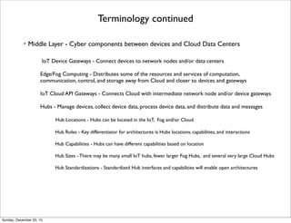 Terminology
Cloud - One or more data centers supporting scalable storage and processing
Things - Devices that interact with physical world (e.g. sensors, actuators)
Internet of Things - Devices and local cyber components connected to networks
Analytics - Processing of data to understand past events and support future decisions
Big Data - Data that requires parallel or distributed processing for analytics
Middle Layer - Cyber components between devices and Clouds
Cloud Facing Sublayer - Middle Layer components interfacing with Cloud
Device Facing Sublayer - Middle Layer components interfacing with Devices in IoT
Thursday, June 2, 16
 
