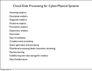 Cloud Data Processing for Cyber-Physical Systems
・Streaming analytics
・Descriptive analytics
・Diagnostic analytics
・Predictive analytics
・Prescriptive analytics
・Exploratory analytics
・Data fusion
・Data virtualization
・Complex event processing
・Query generation and processing
・Distributed processing (batch, interactive, streaming)
・Machine learning
・Scalable long term data storage for analytics
・Data Transformation
Thursday, June 2, 16
 