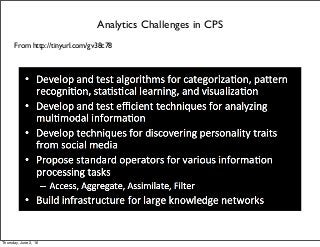 Analytics Challenges in CPS
From http://tinyurl.com/gv38c78
Thursday, June 2, 16
 