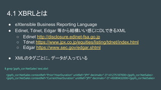 4.1 XBRLȤ
 eXtensible Business Reporting Language
 Edinet, Tdnet, Edgar ȤYФDLǤXML
 Edinet http://disclosure.edinet-fsa.go.jp
 Tdnet https://www.jpx.co.jp/equities/listing/tdnet/index.html
 Edgar https://www.sec.gov/edgar.shtml
 XMLΥȤˡǩ`äƤ
$ grep jppfs_cor:NetSales test.xbrl
<jppfs_cor:NetSales contextRef="Prior1YearDuration" unitRef="JPY" decimals="-3">41275187000</jppfs_cor:NetSales>
<jppfs_cor:NetSales contextRef="CurrentYearDuration" unitRef="JPY" decimals="-3">45089432000</jppfs_cor:NetSales>
 