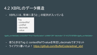 4.2 XBRLΥǩ`
Tag
- contextRef
- unitRef
- decimals
- value
- XBRLˤϡgԤ  ФäƤ
- ʹȤTag  contextRefvalueضdecimalsǥեå
- 饤֥裡 https://github.com/BuffetCode/edinet_xbrl
<jppfs_cor:NetSales contextRef="Prior1YearDuration" unitRef="JPY" decimals="-3">41275187000</jppfs_cor:NetSales>
 