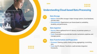 Understanding Cloud-based Data Processing
Data Storage
• Options: Cloud offers storage in object storage systems, cloud databases,
and data lakes.
• Characteristics: Organizations can choose based on availability,
durability, and performance.
Data Ingestion
• Sources: Data is gathered from IoT devices, on-premises systems, or
external sources.
• Tools: Cloud platforms provide data transfer mechanisms, pipelines, and
message queues.
Data Transformation and Preparation
• Processes: Cleaning, quality checks, joining, aggregating, or enriching
data.
• Tools: Use ETL (Extract, Transform, Load) and data integration
frameworks.
 