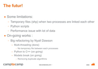25/30www.camptocamp.com /
The futur!
■ Some limitations:
○ Temporary files (shp) when two processes are linked each other
○ Python scripts
○ Performance issue with lot of data
■ On-going works :
○ Big refactoring by Nyall Dawson
- Multi-threading (done)
- No temporary file between each processes
- Python to C++ (on going)
- Models break (on going)
- Removing duplicate algorithms
 