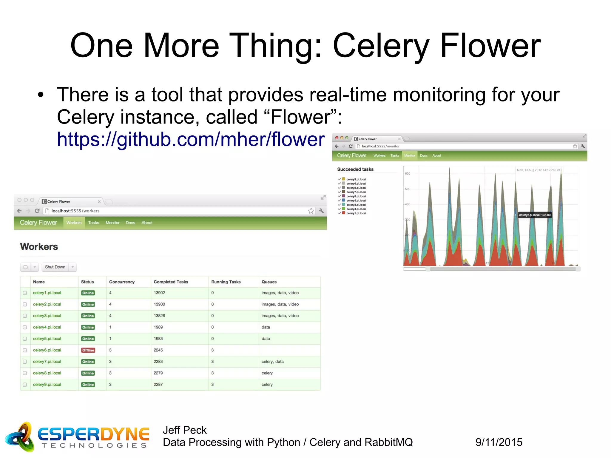 9/11/2015
Jeff Peck
Data Processing with Python / Celery and RabbitMQ
One More Thing: Celery Flower
● There is a tool that provides real-time monitoring for your
Celery instance, called “Flower”:
https://github.com/mher/flower
 