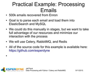 9/11/2015
Jeff Peck
Data Processing with Python / Celery and RabbitMQ
Practical Example: Processing
Emails
● 500k emails recovered from Enron
● Goal is to parse each email and load them into
ElasticSearch and MySQL
● We could do this manually in stages, but we want to take
full advantage of our resources and minimize our
interaction with the process
● We will use Celery, RabbitMQ, and Redis
● All of the source code for this example is available here:
https://github.com/esperdyne
●
 