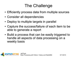 9/11/2015
Jeff Peck
Data Processing with Python / Celery and RabbitMQ
The Challenge
● Efficiently process data from multiple sources
● Consider all dependencies
● Deploy to multiple targets in parallel
● Capture the success/failure of each item to be
able to generate a report
● Build a process that can be easily triggered to
handle all aspects of data processing on a
weekly basis
 