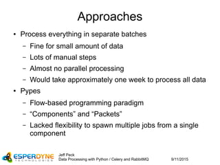 9/11/2015
Jeff Peck
Data Processing with Python / Celery and RabbitMQ
Approaches
● Process everything in separate batches
– Fine for small amount of data
– Lots of manual steps
– Almost no parallel processing
– Would take approximately one week to process all data
● Pypes
– Flow-based programming paradigm
– “Components” and “Packets”
– Lacked flexibility to spawn multiple jobs from a single
component
 