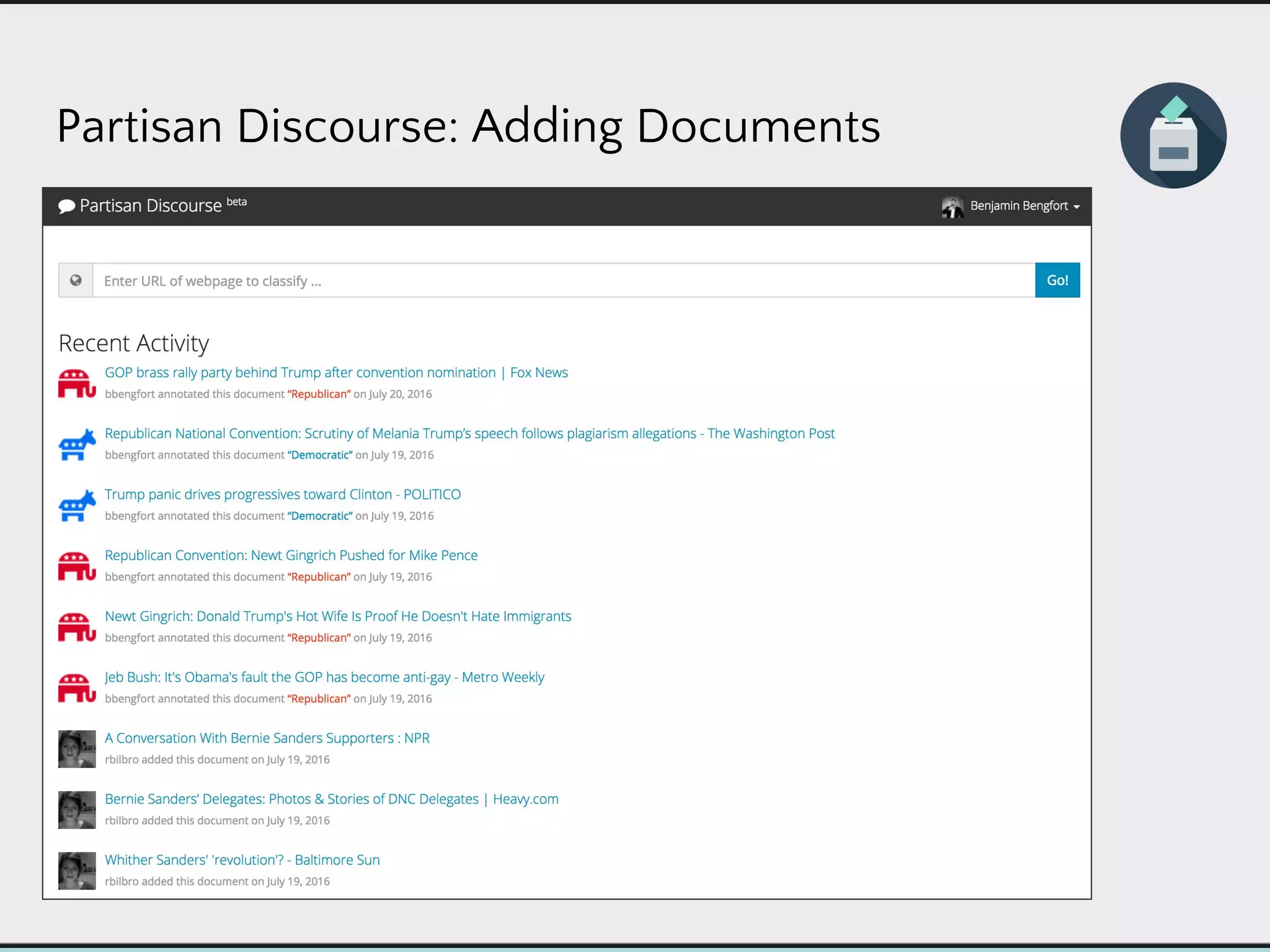 Partisan Discourse: Adding Documents
 