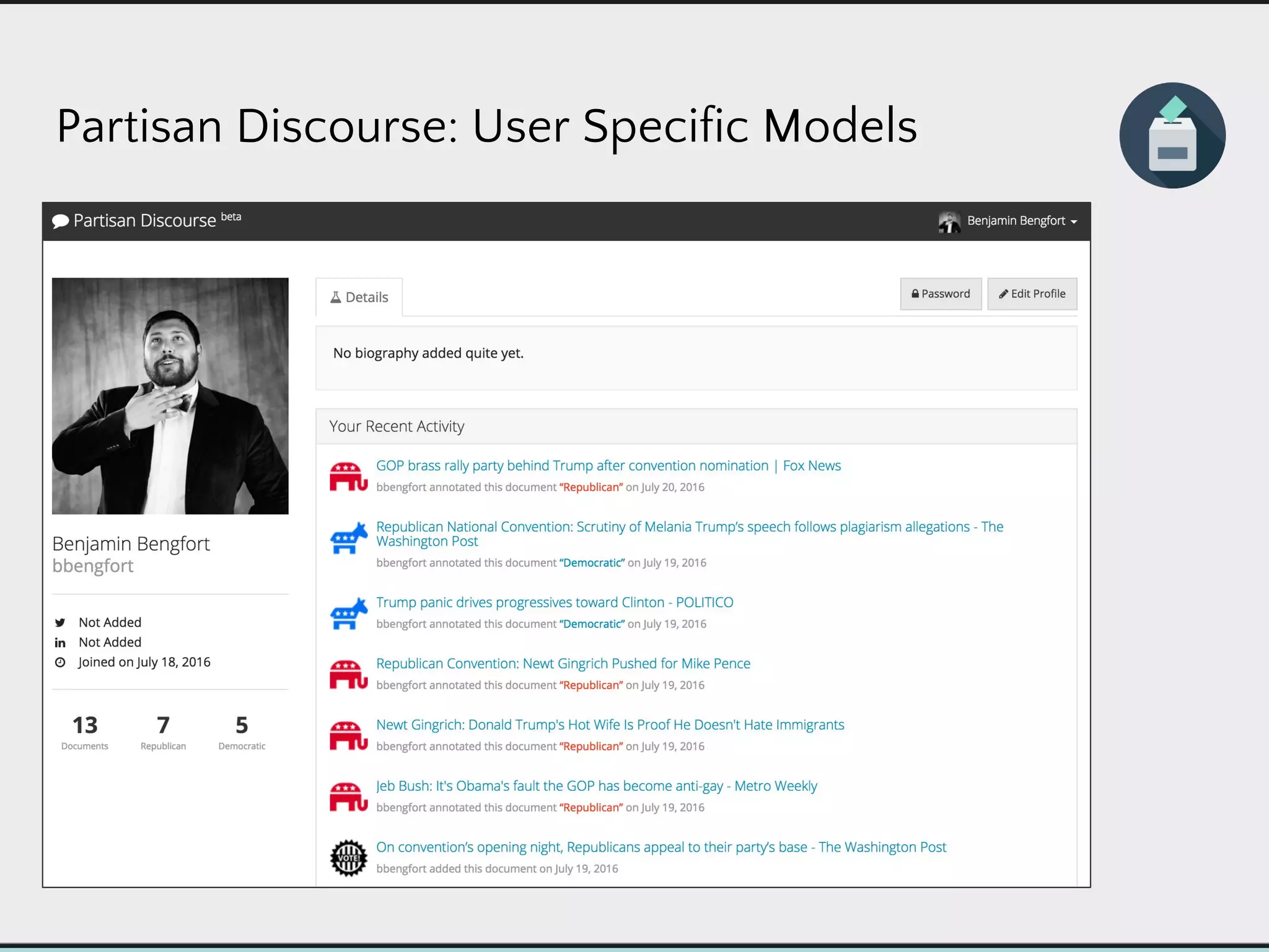 Partisan Discourse: User Specific Models
 