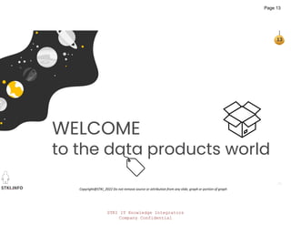 STKI IT Knowledge Integrators
Company Confidential
STKI.INFO
13
Copyright@STKI_2022 Do not remove source or attribution from any slide, graph or portion of graph
WELCOME
to the data products world
Page 13
 